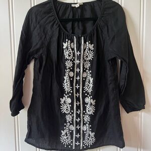Black Linen Charter Club Black and White Embellished Blouse 3/4 Sleeve Size M